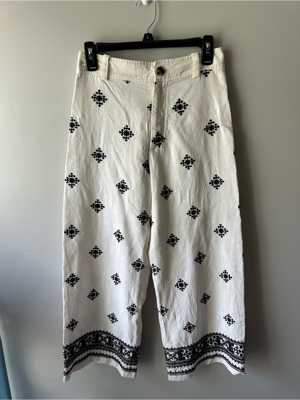 Zara Embroidered Linen Blend Wide Leg Pants US S Black White Boho